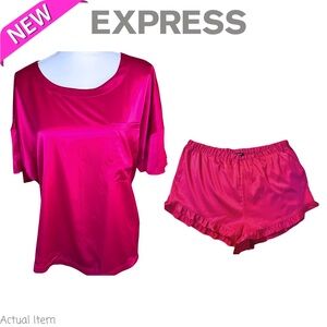 NEW Express Satin Pink Short Sleeve Top XL and Ruffle Shorts Large Set
